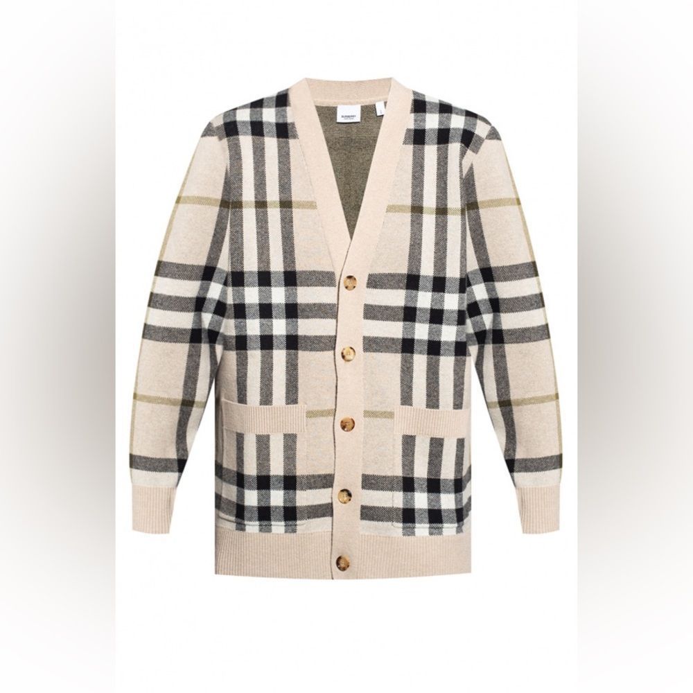 BURBERRY Beige Cashmere Check Jacquard Cardigan